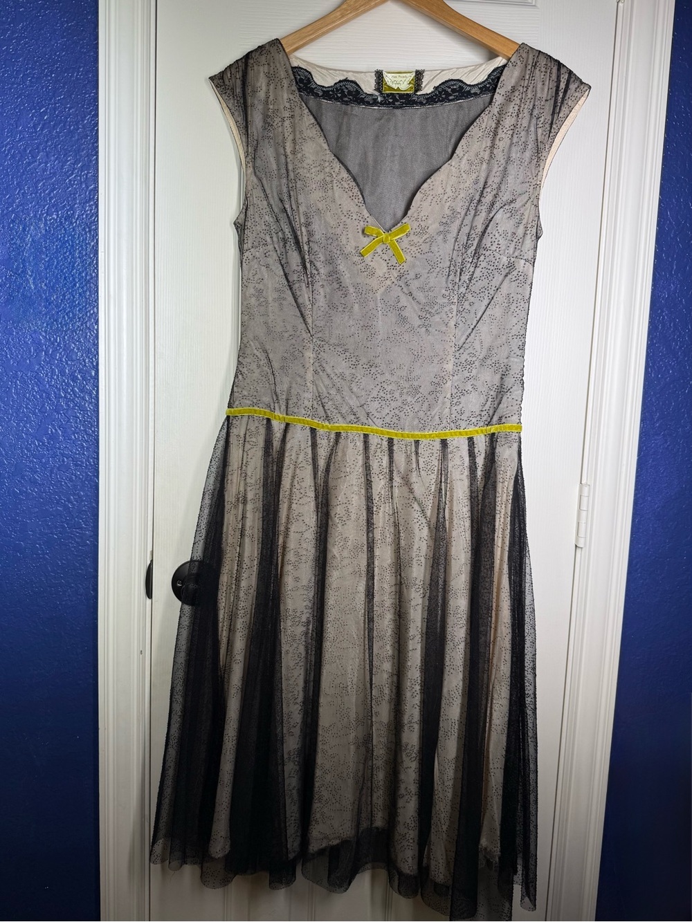 Free People Cream Dress with Black Lace Overlay and Chartreuse Ribbon Trim  Sz M
